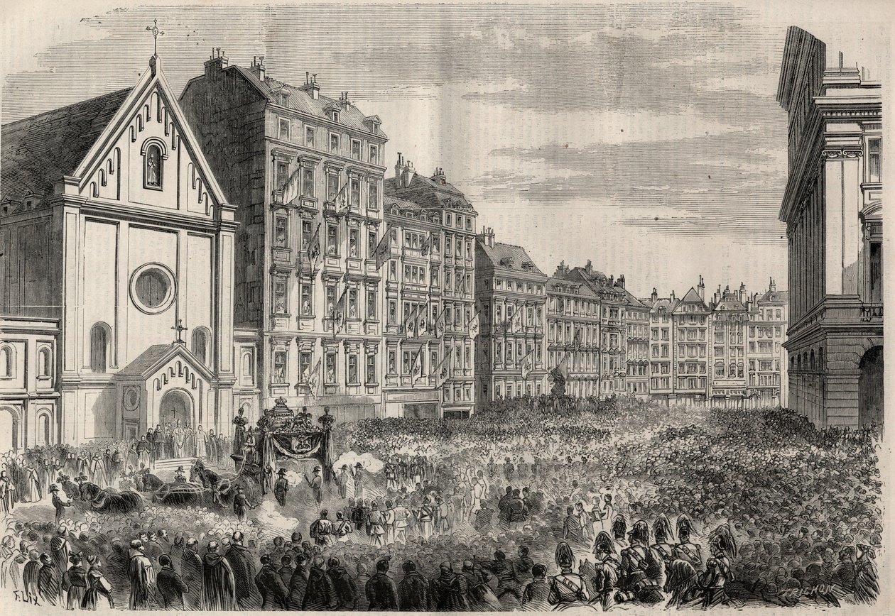 جنازة إمبراطور المكسيك ماكسيميليان الأول (1832-1867): وصول الموكب الجنائزي أمام كنيسة Capuchins في فيينا. نقش في "" L'Univers اللامع "" بواسطة فنان غير معروف