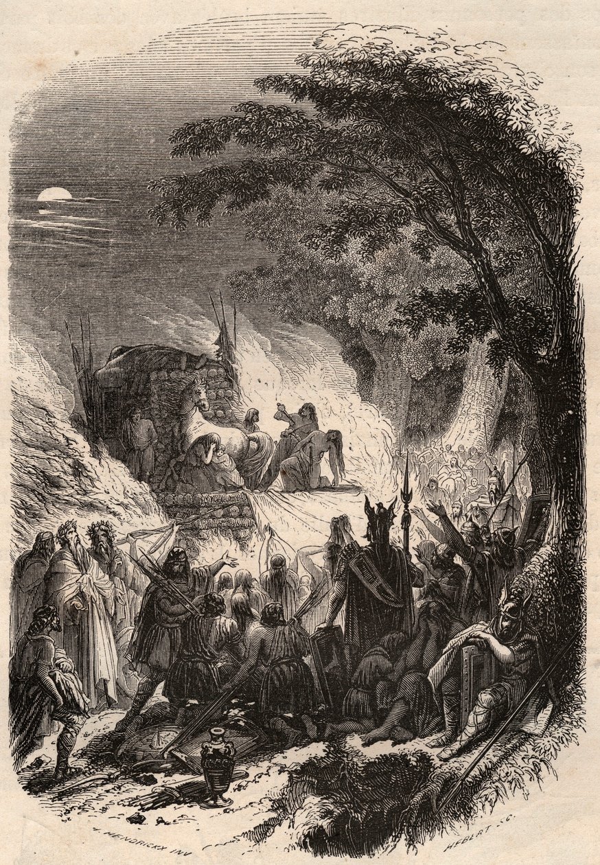 جنازة زعيم جيرمان في أنتيكويت: جسده محترق بأسلحته وحصانه. نقش من عام 1868 في "Histoire de Belgique من العصور البدائية حتى نهاية عهد ليوبولد الأول" بقلم ثيودور جوست (1818-1888). مجموعة خاصة. بواسطة فنان غير معروف