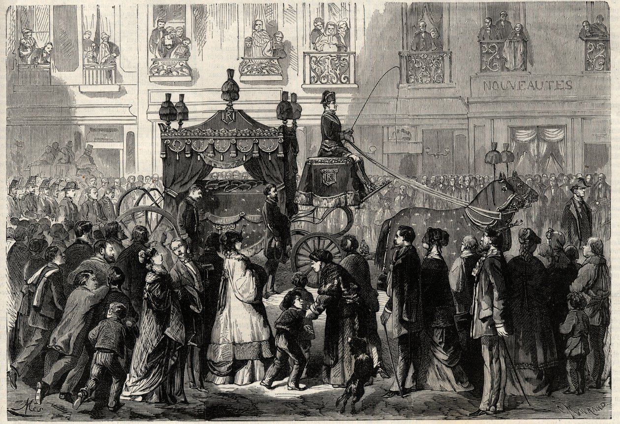 كورتيج الجنائزي خلال نوافل جيواكشينو (جيوشينو) روسيني (1799-1868) في باريس. نقش في "الكون اللامع" بواسطة فنان غير معروف