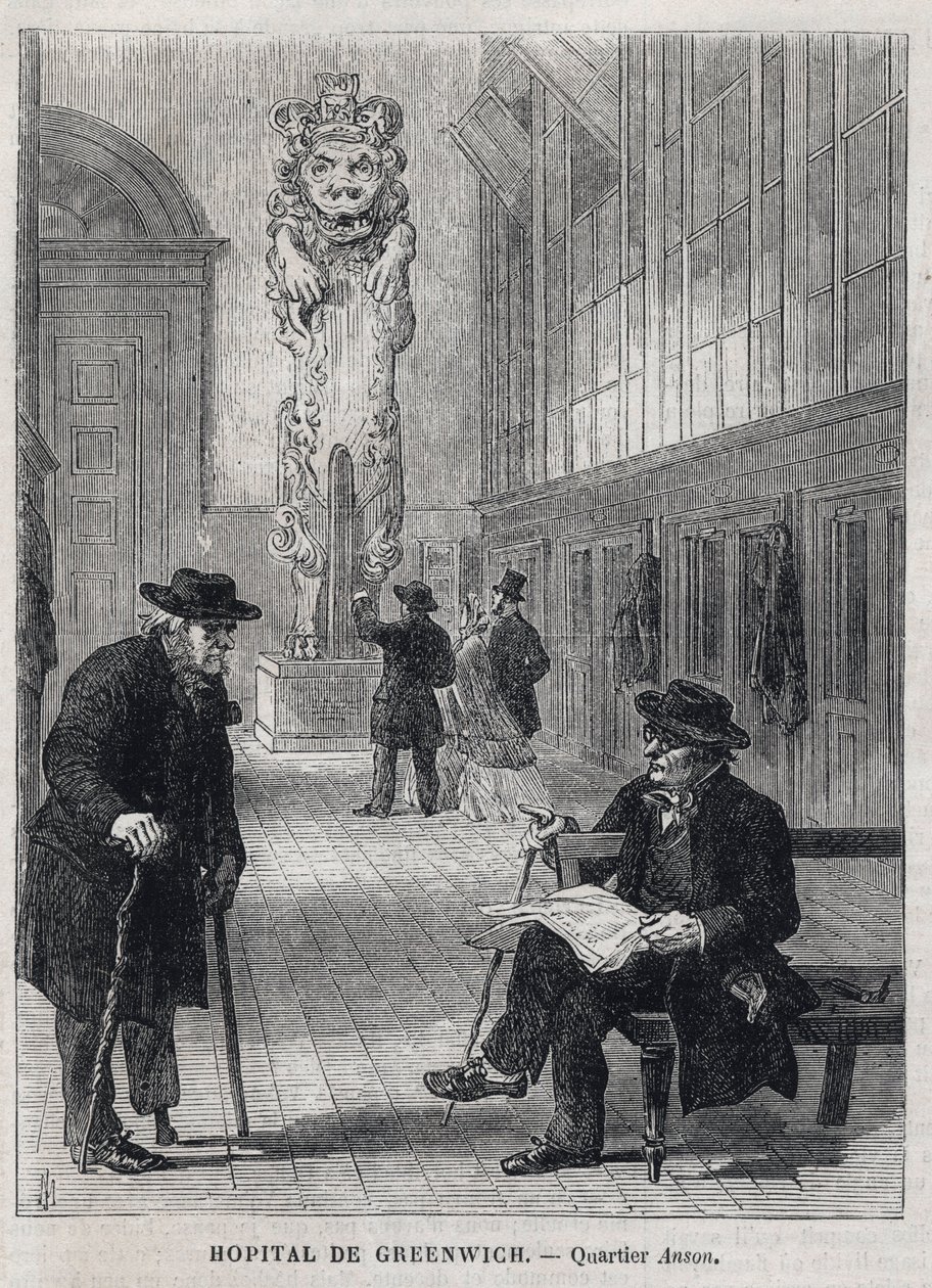 GREENWICH HOSPITAL (مستشفى غرينتش): يهيمن تمثال السفينة الحربية "Centurion" على Anson Ward في المستشفى ، والذي سيغلق في عام 1869 وسيتم تحويله إلى كلية بحرية - نقش من "" The Illustrous Universe "" "1866 بواسطة فنان غير معروف