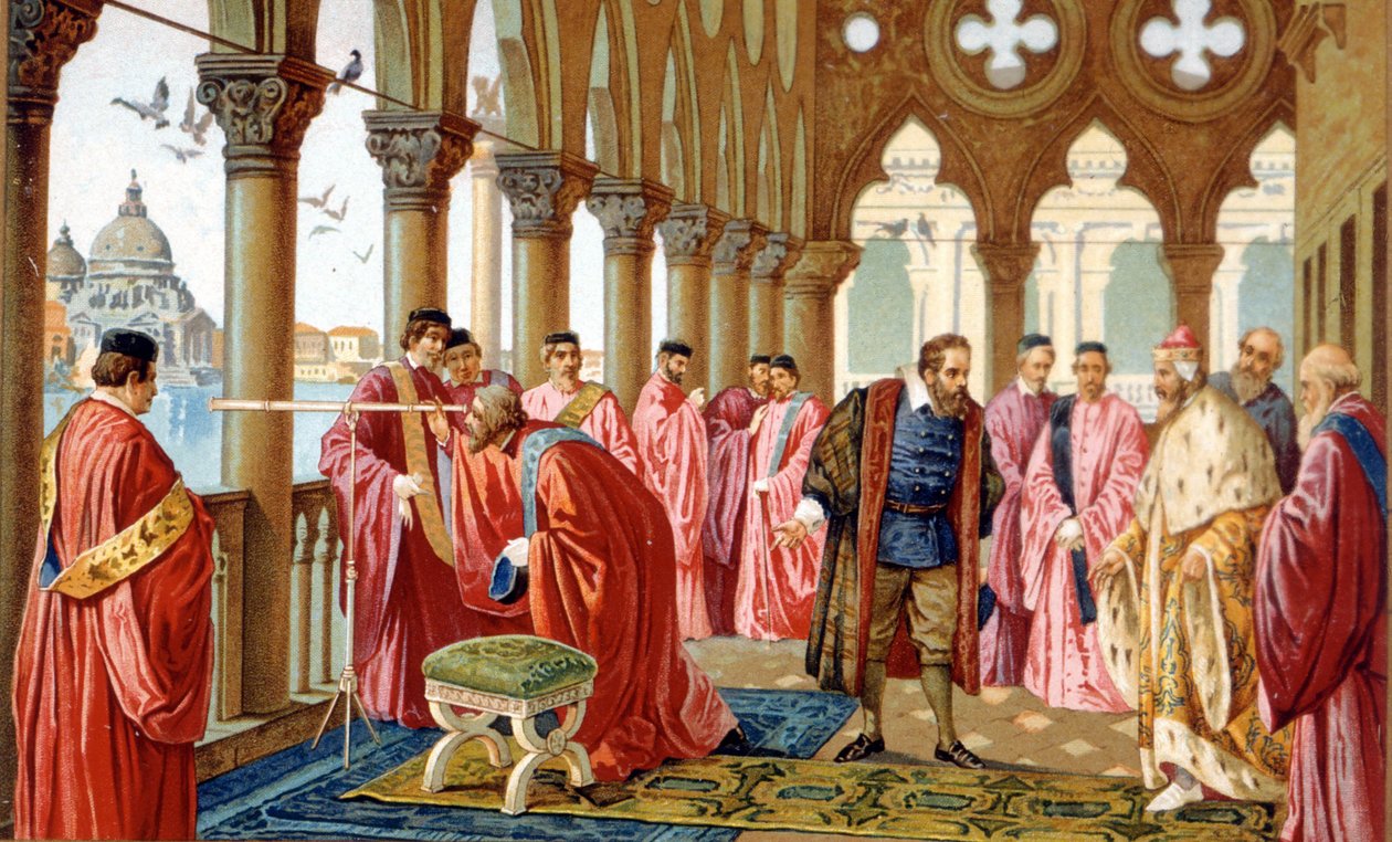 قدم Galileo Galilei (1564-1642) إطاره في قصر دوجي في البندقية. الطباعة الحجرية الملونة من القرن التاسع عشر. بواسطة فنان غير معروف