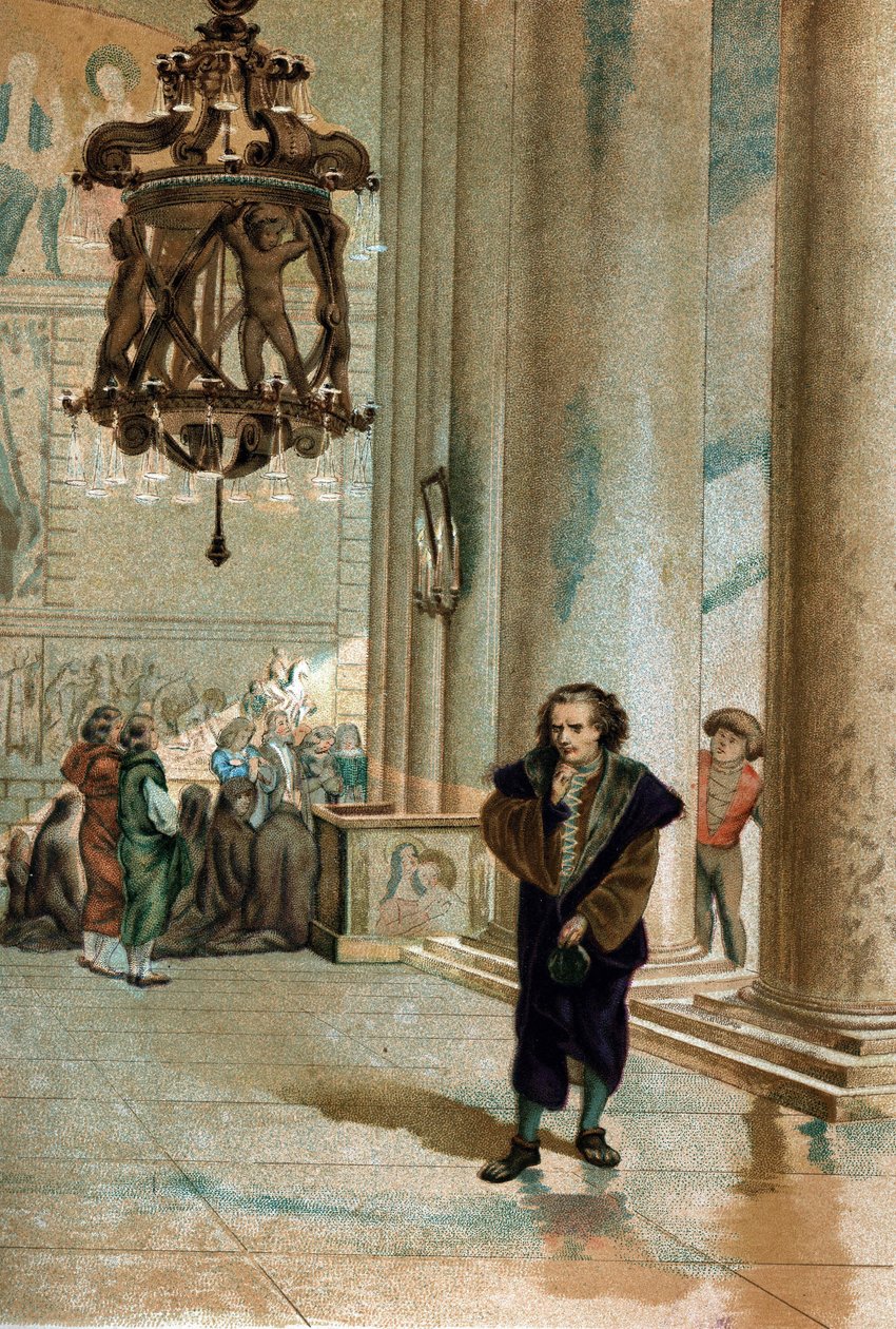 Galileo Galilei dit Galileo (1564 - 1642). يراقب اهتزاز مصباح كاتدرائية بيزا. من "La Ciencia y sus Hombres by Louis Figuier" "برشلونة 1881 بواسطة فنان غير معروف