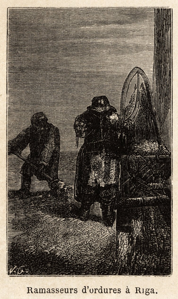 جامعي القمامة في ريغا. رسم هنريت ، لتوضيح رحلته إلى مقاطعات البلطيق الروسية في 1851-54. نقش في "" Le Tour du monde "، تحرير إدوارد شارتون بواسطة فنان غير معروف