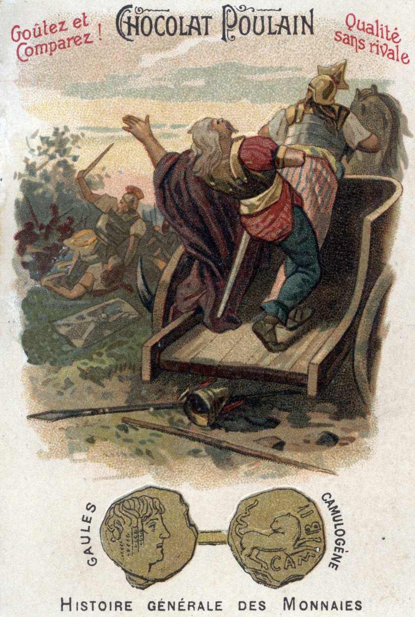 Gauls Aulerque: معركة Lutece بين Camulogene و Labienus في 53 قبل الميلاد. في التاريخ العام للعملات المعدنية. الطباعة الحجرية الملونة بالشوكولاتة المهر في نهاية القرن التاسع عشر. مجموعة خاصة. بواسطة فنان غير معروف