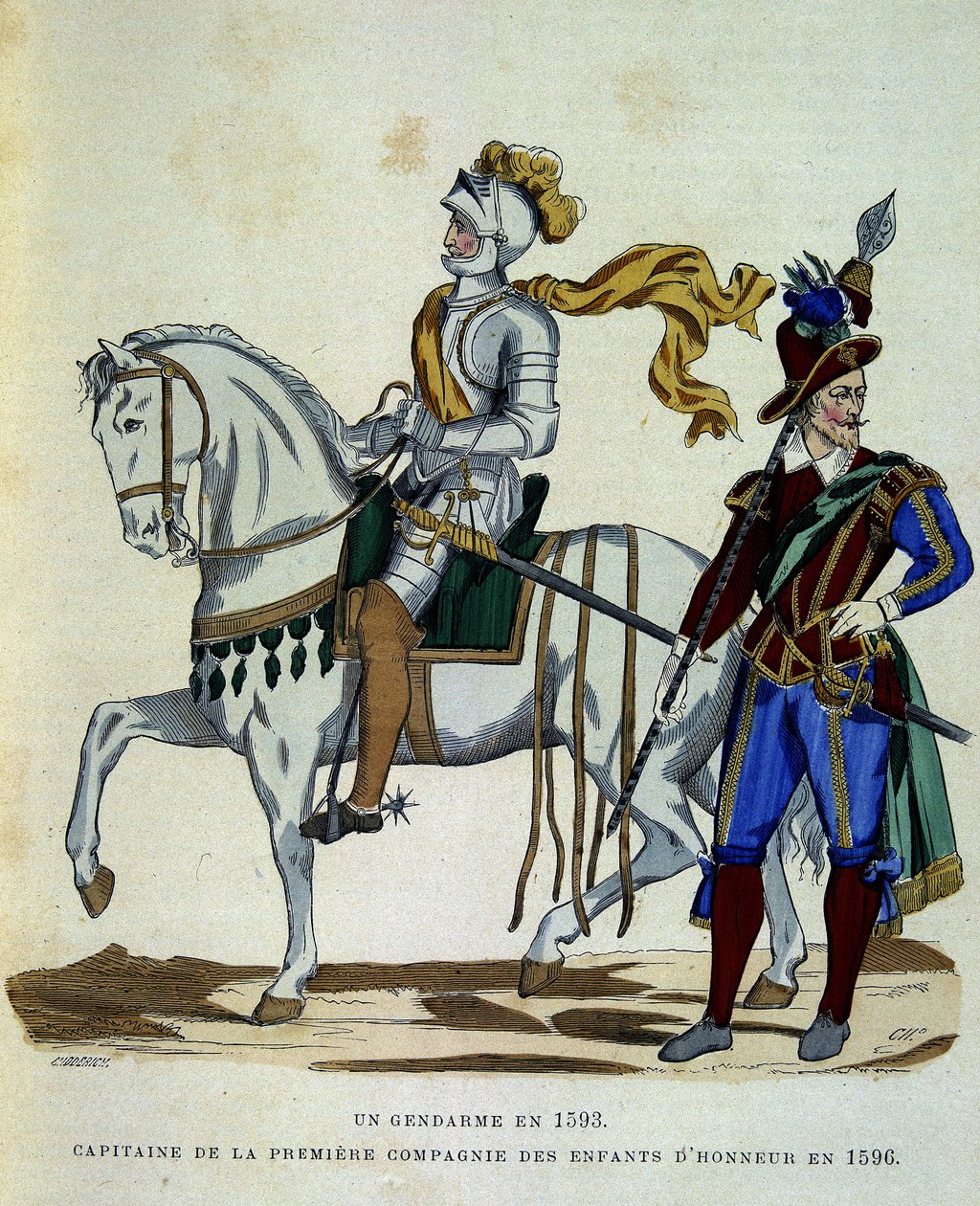 عام 1593 وقبطان أول سرية لأبناء الشرف عام 1596 - في "" La France et les francais "بواسطة Challamel بواسطة فنان غير معروف