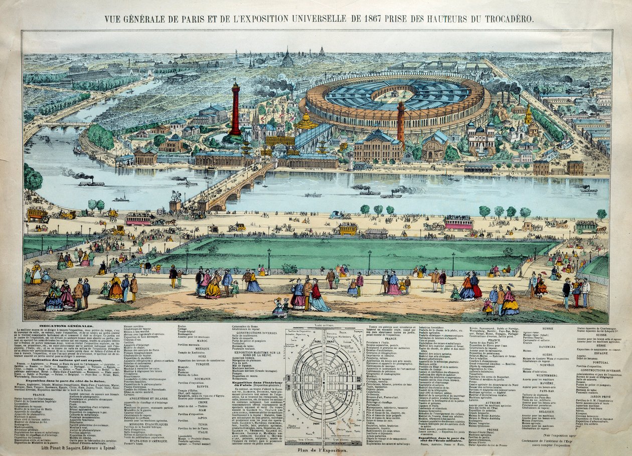 منظر عام لمعرض 1867 العالمي في باريس. في الأسفل: حديقة المدرسة العسكرية لـ Champ de Mars. نقش باريس ، متحف كارنافاليت بواسطة فنان غير معروف