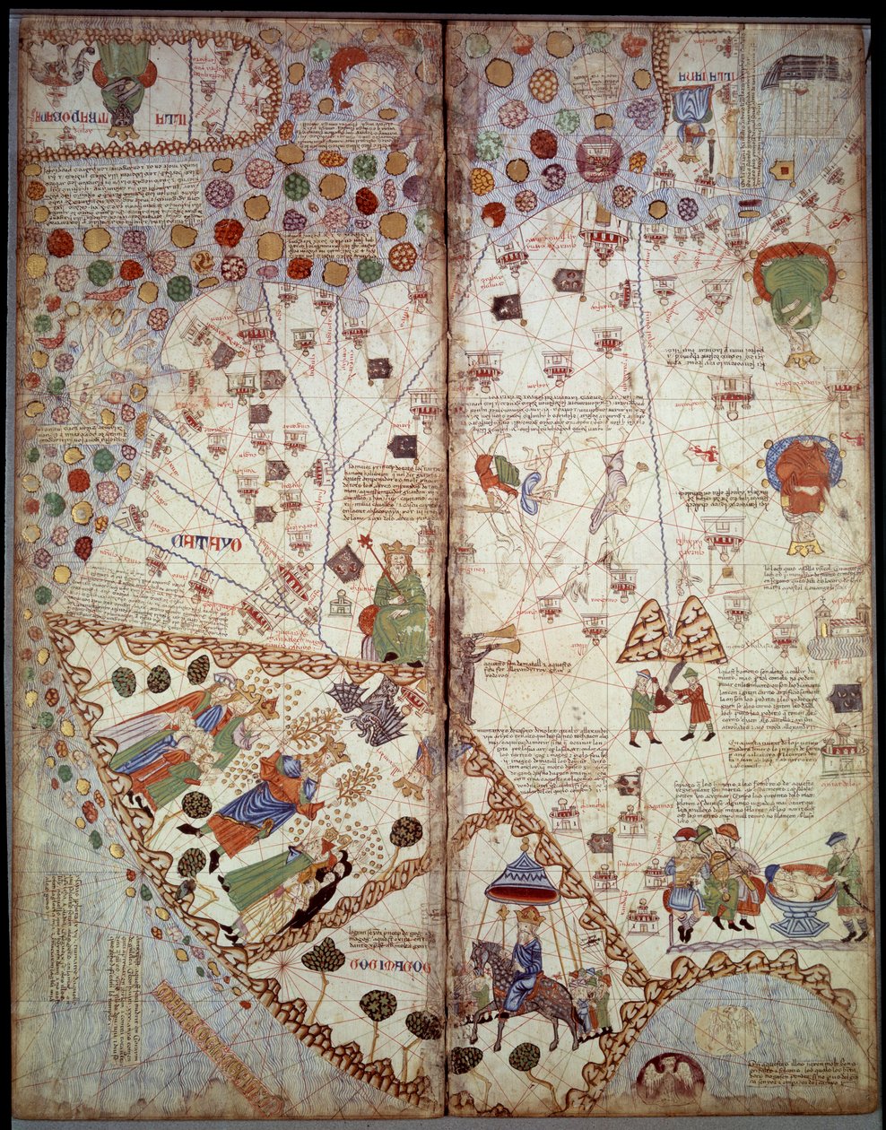 الخريطة الجغرافية: الصين ، وادي الجانج ، سومطرة ، سيلان. أطلس كتالوني (خريطة كاتالونية) (إسبانيا). مخطوطة عام ١٣٧٥ (الورقة ٢ ظ - الورقة ٣) لابراهام كريسك. BN ، باريس بواسطة فنان غير معروف