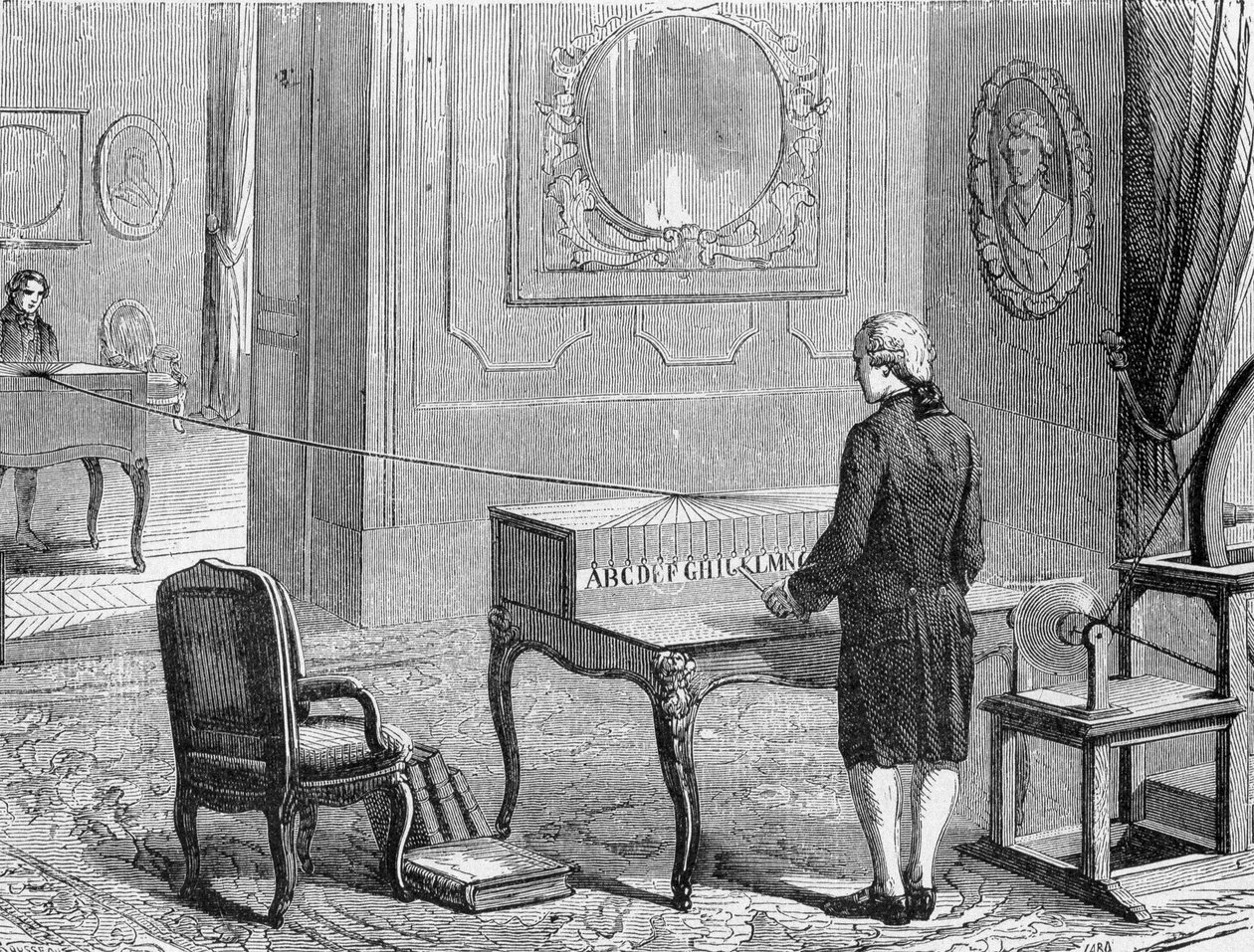 جورج ليساج ، مخترع أول تلغراف إلكتروني أمام نموذج أولي. 1774. نقش القرن التاسع عشر. بواسطة فنان غير معروف