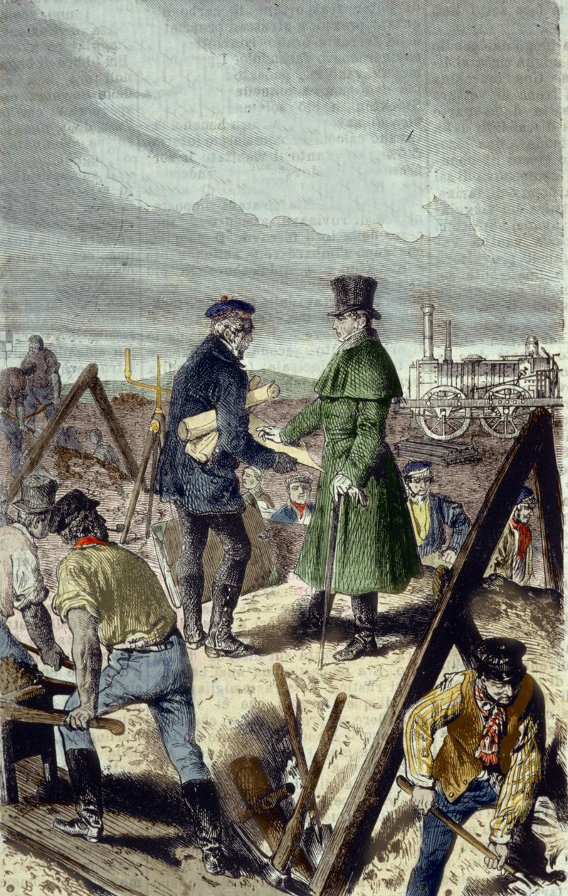 جورج ستيفنسون (1781-1848) ، مهندس إنجليزي ، باني طريق ليفربول مانشستر مع أول قاطرة له. بواسطة فنان غير معروف