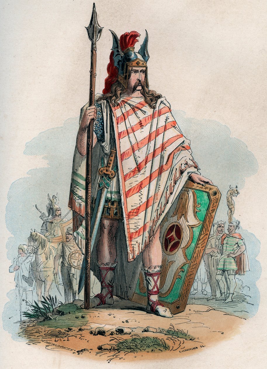 رئيس جيرمان (البرابرة الألمان). نقش من عام 1868 في "Histoire de Belgique من العصور البدائية حتى نهاية عهد ليوبولد الأول" بقلم ثيودور جوست (1818-1888). مجموعة خاصة. بواسطة فنان غير معروف