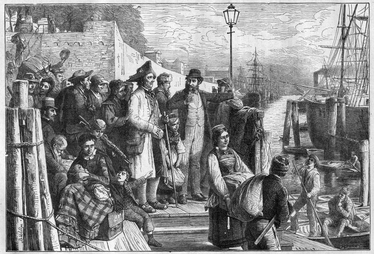 المهاجرون الألمان لنيويورك على متن باخرة هامبورغ في عام 1874 ، نقش - (Deutsche Emigranten) بواسطة فنان غير معروف