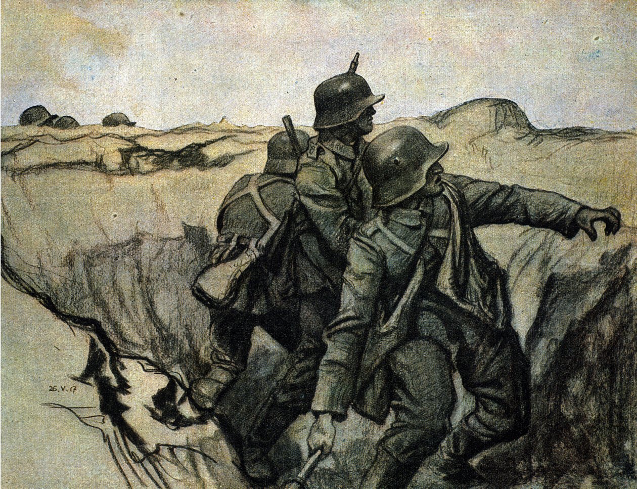 جنود ألمان يلقون قنابل يدوية من الخنادق على قوات العدو. 26/5/1917. بواسطة فنان غير معروف