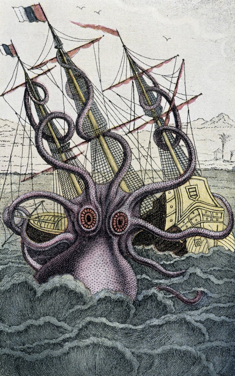 الأخطبوط العملاق (Kraken) يهاجم سفينة - من Denys-Montfort في "Histoire naturelle des mollusques" ، باريس بواسطة فنان غير معروف