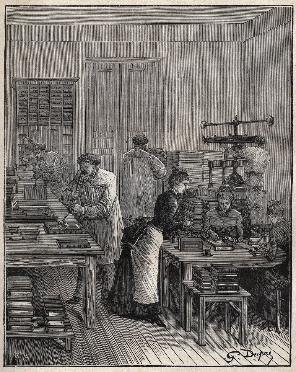 تذهيب كتب (أغلفة) من الحديد في ورشة عمل في فرنسا في القرن التاسع عشر. نقش من عام 1885 في "" Les Arts et metiers Illustres "" لأدولف بيتارد. بواسطة فنان غير معروف