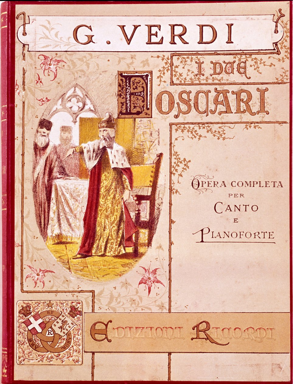 جوزيبي فيردي: غلاف النوتة الموسيقية للبيانو لأوبرا "I Due Foscari". طبعة ريكوردي. بواسطة فنان غير معروف