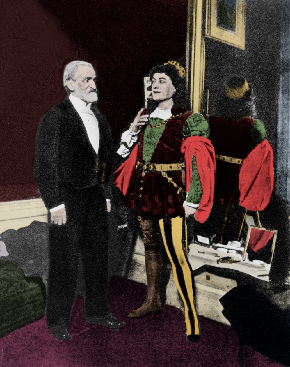 جوزيبي فيردي وفيكتور موريل (في Iago) في فبراير 1887 في Scala في ميلانو بعد العرض الأول لـ Otello. بواسطة فنان غير معروف