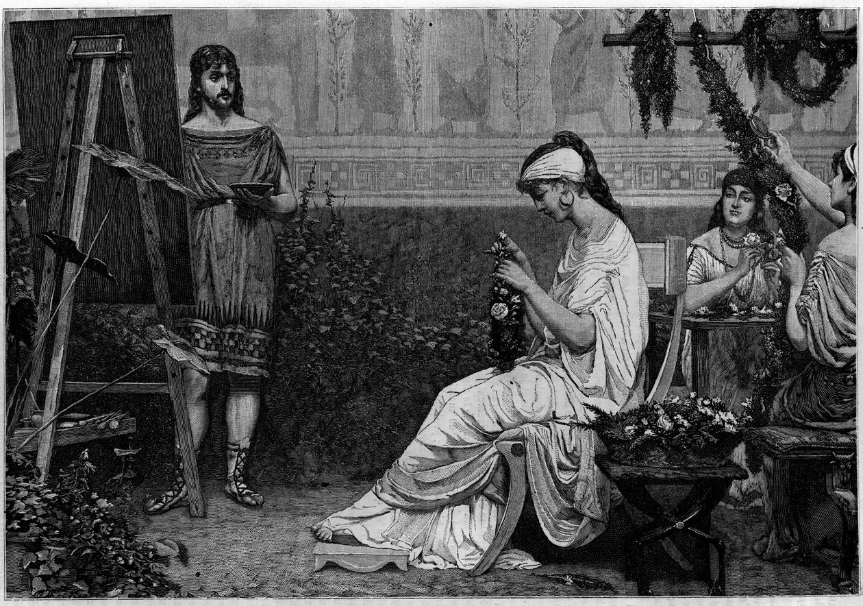 Glycere يقف أمام الرسام اليوناني Pausias (القرن الرابع قبل الميلاد) للرسم "" Stephanopoclos "" ". نقش في "Le journal de la jeunesse" " بواسطة فنان غير معروف