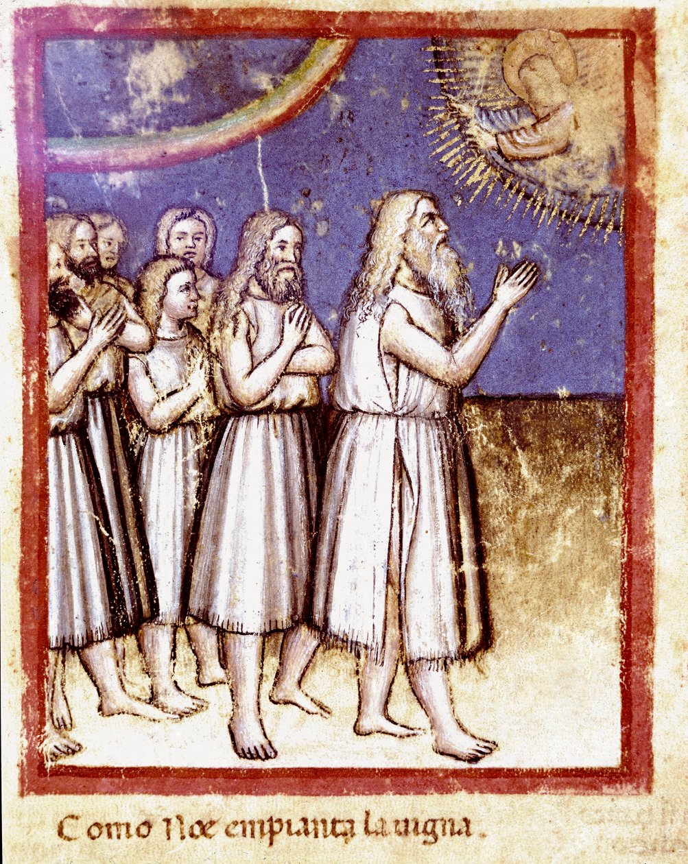 بارك الله نوي وعائلته الناجين من الطوفان المصغر من مجلد المخطوطات 212 (أو كود بادوفانو أو الكتاب المقدس لبادوا) 1390-1400 روفيغو ، أكاديميا دي كونكوردي بواسطة فنان غير معروف