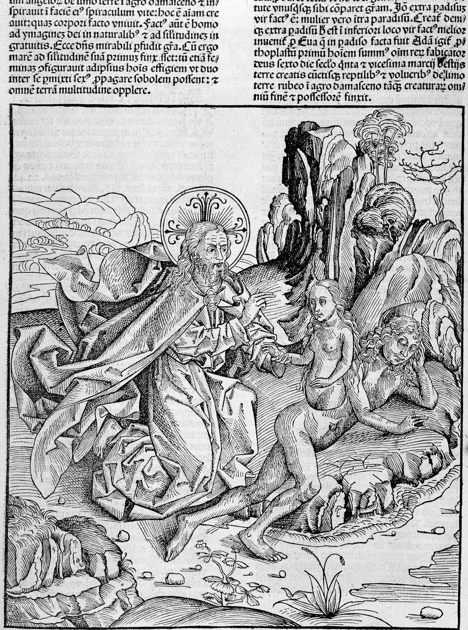 ولد الله حواء من فخذ آدم - في "" Nuremberg Chronicles "" بواسطة فنان غير معروف