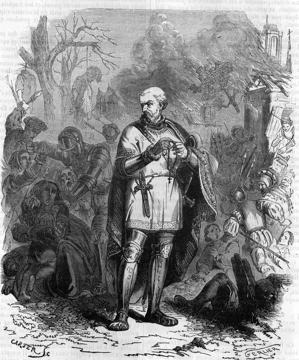حفظنا الله من بيناس السيد المعبود! ، شرطي مونتمورنسي حوالي عام 1548 في حملة عسكرية. نقش القرن التاسع عشر. بواسطة فنان غير معروف