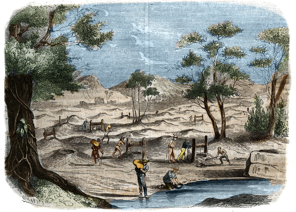 Gold Rush في أستراليا: مشهد للمنقبين في حقول الذهب في مدينة بنديجو. نقش من 1856 في "" Le Musee Des Sciences "" بواسطة فنان غير معروف