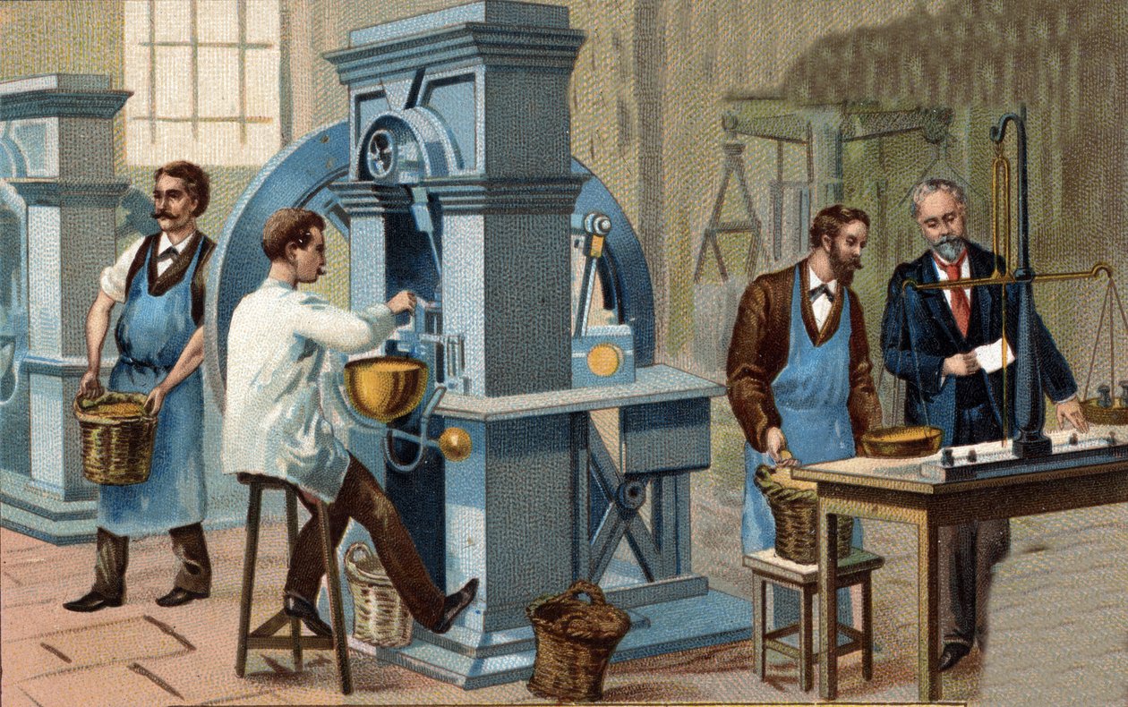 تعدين الذهب. ورشة عمل سك العملة والتحقق منها. Chromolitography أواخر القرن التاسع عشر. بواسطة فنان غير معروف