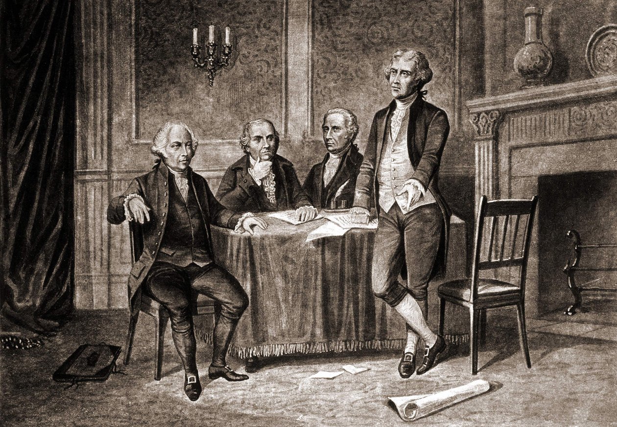 الحاكم موريس (1752-1816) مع آدامز وهاملتون وجيفرسون. بواسطة فنان غير معروف
