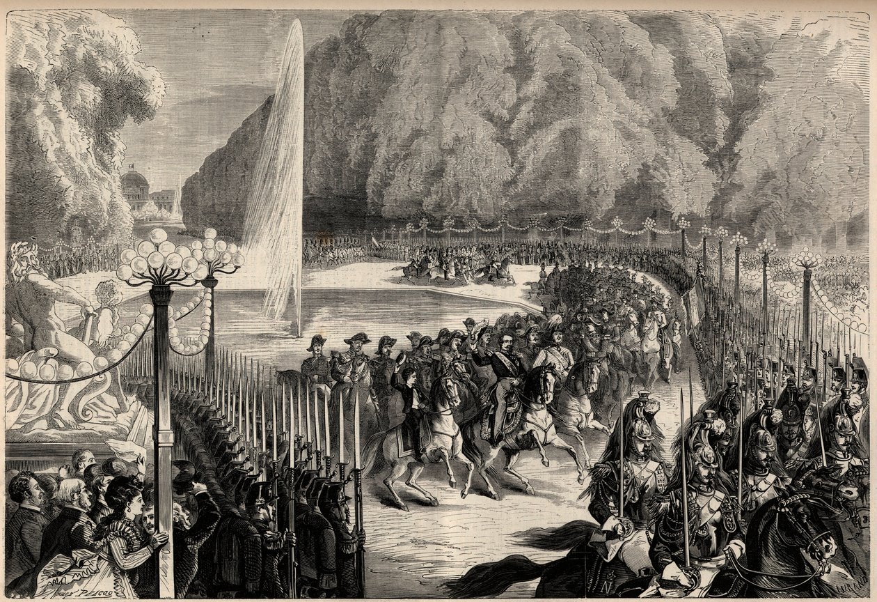 المجلة الكبرى في 14 أغسطس: الإمبراطور نابليون الثالث (1808-1873) ، تلاه طاقمه يعبر حديقة التويلري في باريس. ابنه ، الأمير الإمبراطوري يوجين لويس جوزيف (1856-1879) ، على يمينه. نقش في "الكون اللامع" بواسطة فنان غير معروف