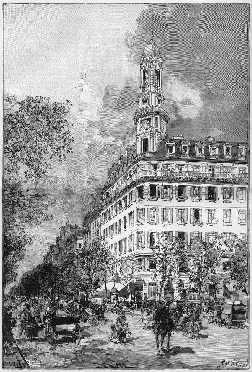 شوارع كبيرة ومباني Haussmanian في باريس: Hotel de la Compagnie "" La New York "" boulevard des Italiens. نقش في "Le Monde Illustre" بواسطة فنان غير معروف