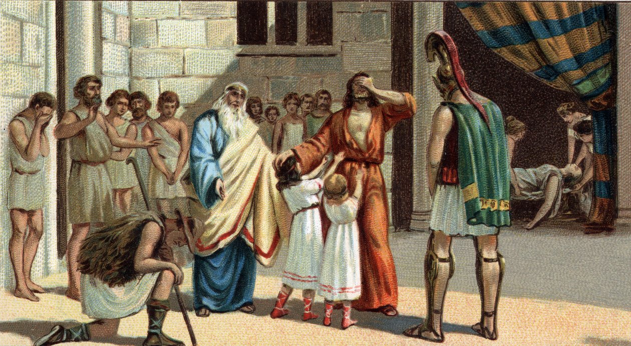 المآسي اليونانية الكبرى: "ملك أوديب" سوفوكليس. أوديب ، أعمى ، يعتمد على اثنتين من بناته. إلى يساره ، والده الوسيم كريون ، وإلى يمينه المهدئ تيريسياس وراعي عجوز يكشف عن الهوية الحقيقية لأوديب. في أعماق INA بواسطة فنان غير معروف