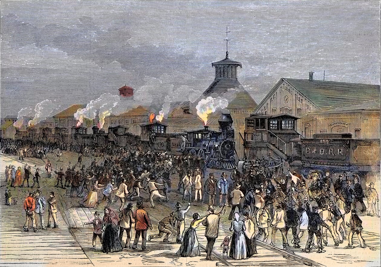 إضراب كبير للسكك الحديدية في عام 1877 ، حصار المحركات في Martinsburg ، فيرجينيا الغربية بواسطة فنان غير معروف