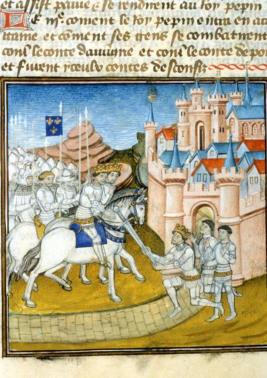 Griffon (Grippon) (ca. 726-753) went to his brothers Pepin III known as Pepin le Brief (714-768) and Carloman (ca. 715-754) after the siege of Laon in 741. Miniature in “” Grandes Chroniques de Saint-Denis”” بواسطة فنان غير معروف
