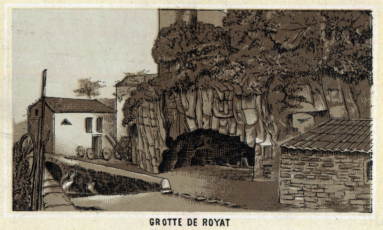 Grotte de Royat (منطقة Puy-de-Dome ومنطقة Auvergne). الطباعة الحجرية الملونة في أواخر القرن التاسع عشر. بواسطة فنان غير معروف