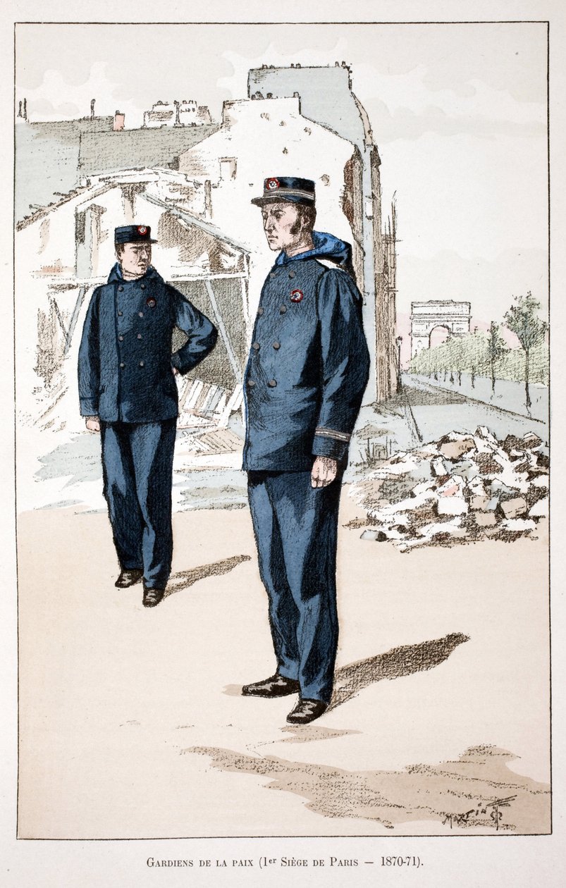حراس السلام (المقعد الأول لباريس 1870-1871). نقش بالألوان ، للتوضيح ، كتاب "Histoire du corps des gardeiens de la paix" "" الذي نُشر تحت رعاية حاكم شرطة نهر السين لويس ليبين (1846-1933) ، بقلم ألفريد ري (1864-؟ بواسطة فنان غير معروف