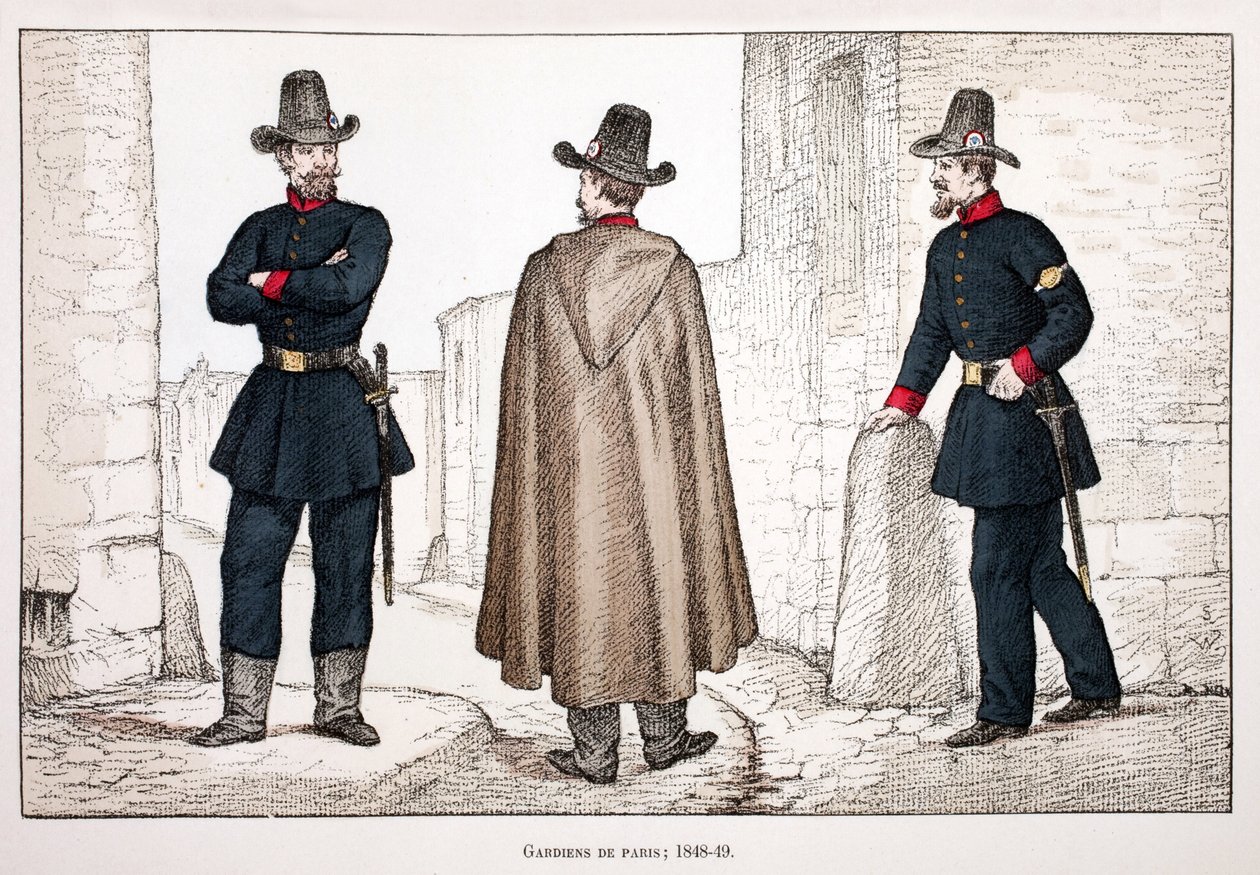 حراس السلام (1848-1849). النقش بالألوان ، للتوضيح ، كتاب "Histoire du corps des gardiens de la paix" "" "الذي نُشر تحت رعاية حاكم شرطة نهر السين لويس ليبين (1846-1933) ، بقلم ألفريد ري (1864-؟) ولويس فيرون بواسطة فنان غير معروف