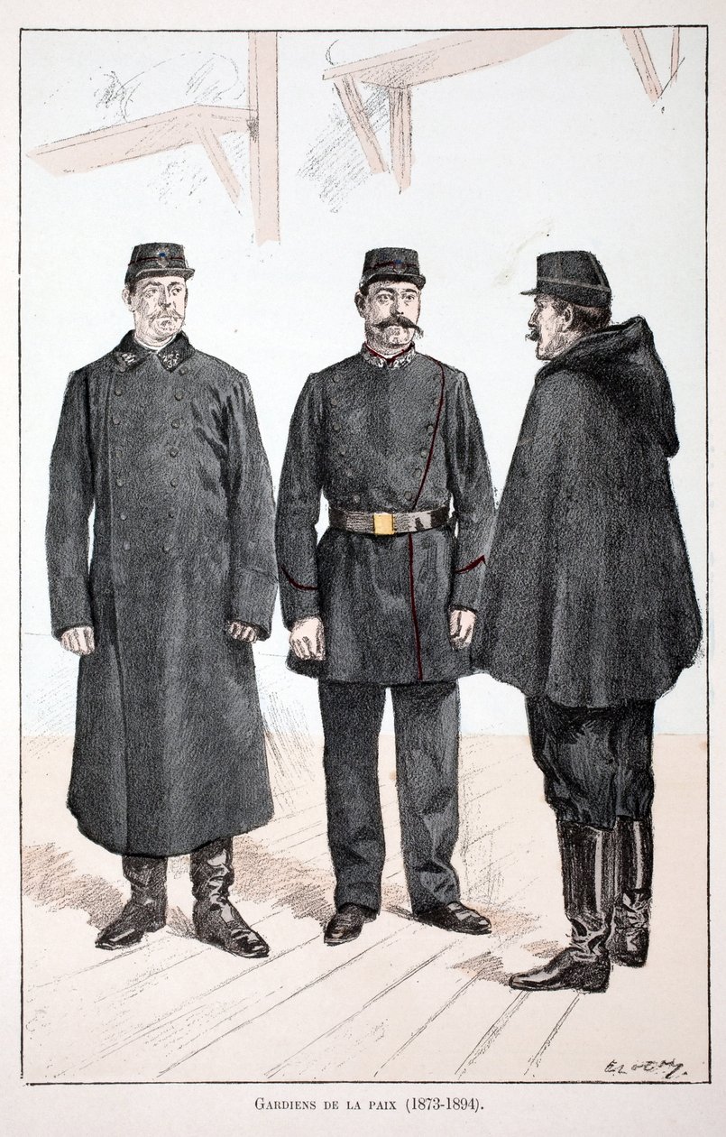 حراس السلام (1873-1894). النقش بالألوان ، للتوضيح ، كتاب "Histoire du corps des gardiens de la paix" "" الذي نُشر تحت رعاية حاكم شرطة نهر السين لويس ليبين (1846-1933) ، بقلم ألفريد ري (1864-؟) ولويس فيرون بواسطة فنان غير معروف