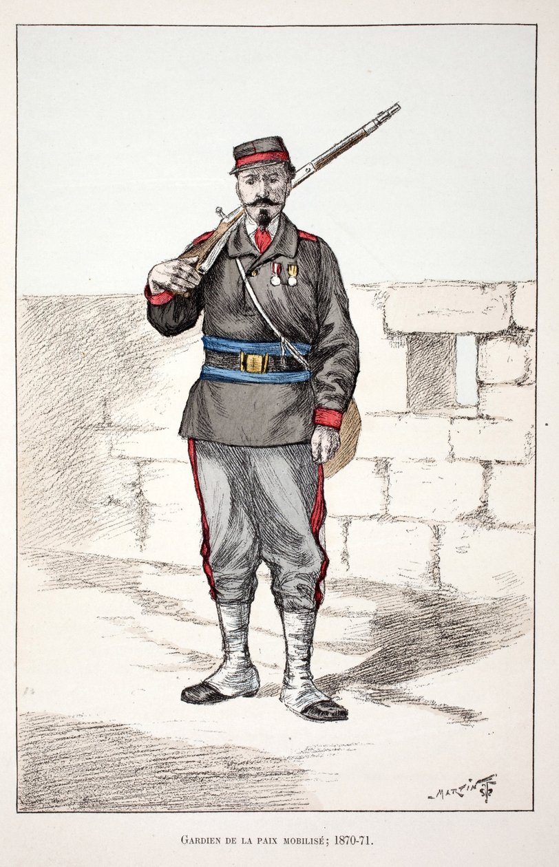 حراس السلام يحشدون (1870-1871). نقش بالألوان ، للتوضيح ، كتاب "Histoire du corps des gardiens de la paix" "" الذي نُشر تحت رعاية حاكم شرطة نهر السين لويس ليبين (1846-1933) ، بقلم ألفريد ري (1864-؟) بواسطة فنان غير معروف