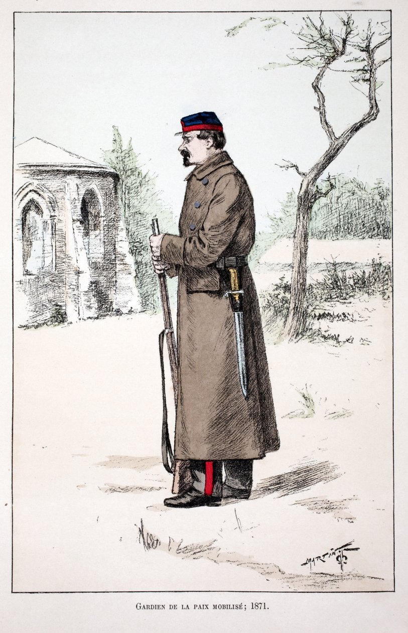حراس السلام يحشدون (1871). نقش بالألوان ، للتوضيح ، كتاب "" Histoire du corps des gardiens de la paix "" "" المنشور تحت رعاية لويس ليبين (1846-1933) حاكم شرطة نهر السين ، ألفريد راي (1864-؟) ولويس ف. بواسطة فنان غير معروف