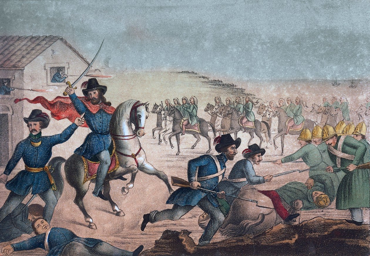 غيرا غراندي: غاريبالدي في معركة سان أنطونيو ، 8 فبراير 1846 - أوروغواي - الحرب الأهلية في أوروغواي: جوزيبي غاريبالدي أثناء معركة سان أنطونيو في أوروغواي في 8 فبراير بواسطة فنان غير معروف