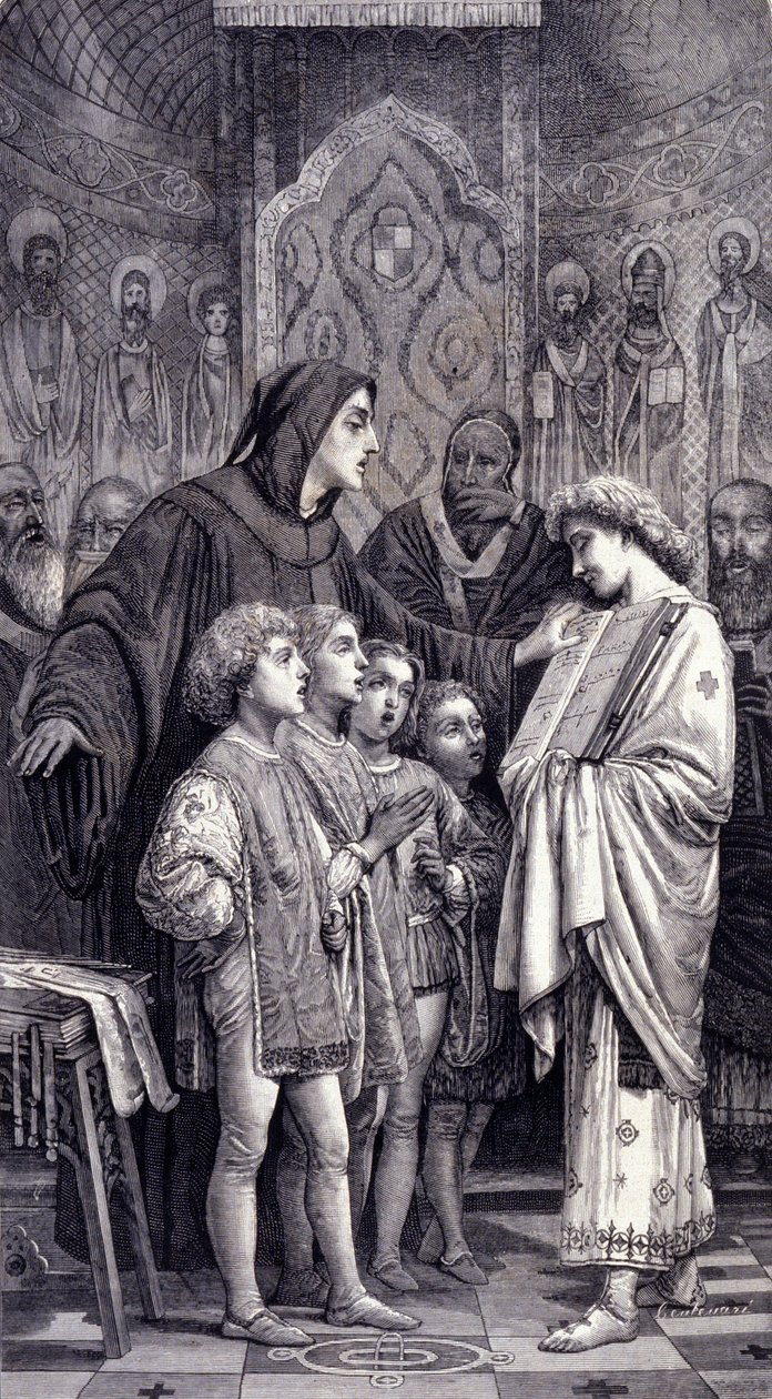 Guido d'Arezzo (Gui or Guy d'Arezzo) ، البينديكتين الإيطالي ، ومنظر الموسيقى (990-1050) قبل البابا يوحنا التاسع عشر (جيوفاني 19) (رومانو دي كونتي دي توسكولو) رسم توضيحي لنهاية القرن التاسع عشر. بواسطة فنان غير معروف