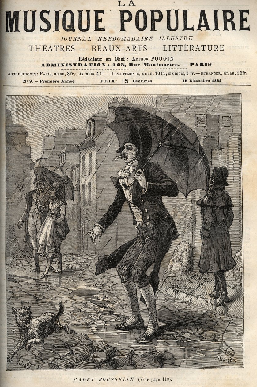 غيوم جوزيف روسيل (روسيل) ، ديت كاديت روسيل (1743-1807) ، حاجب فرنسي ، تحت المطر في شارع دي باريس. نقش في "الموسيقى الشعبية" - جريدة أسبوعية مصورة - 1881 بواسطة فنان غير معروف