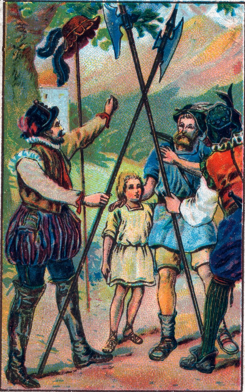 رفض غيوم تيل (وليام تيل) (الأبطال الأسطوريون لاستقلال سويسرا) الانحناء للقبعة. الطباعة الحجرية الملونة في أواخر القرن التاسع عشر. بواسطة فنان غير معروف