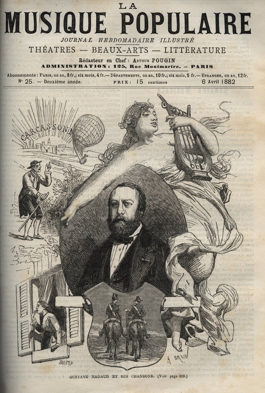 غوستاف نداود (1820-1893) ، كاتب أغاني فرنسي وأغانيه - نقش في جريدة أسبوعية شهيرة "La musique populaire" "- 1882 بواسطة فنان غير معروف