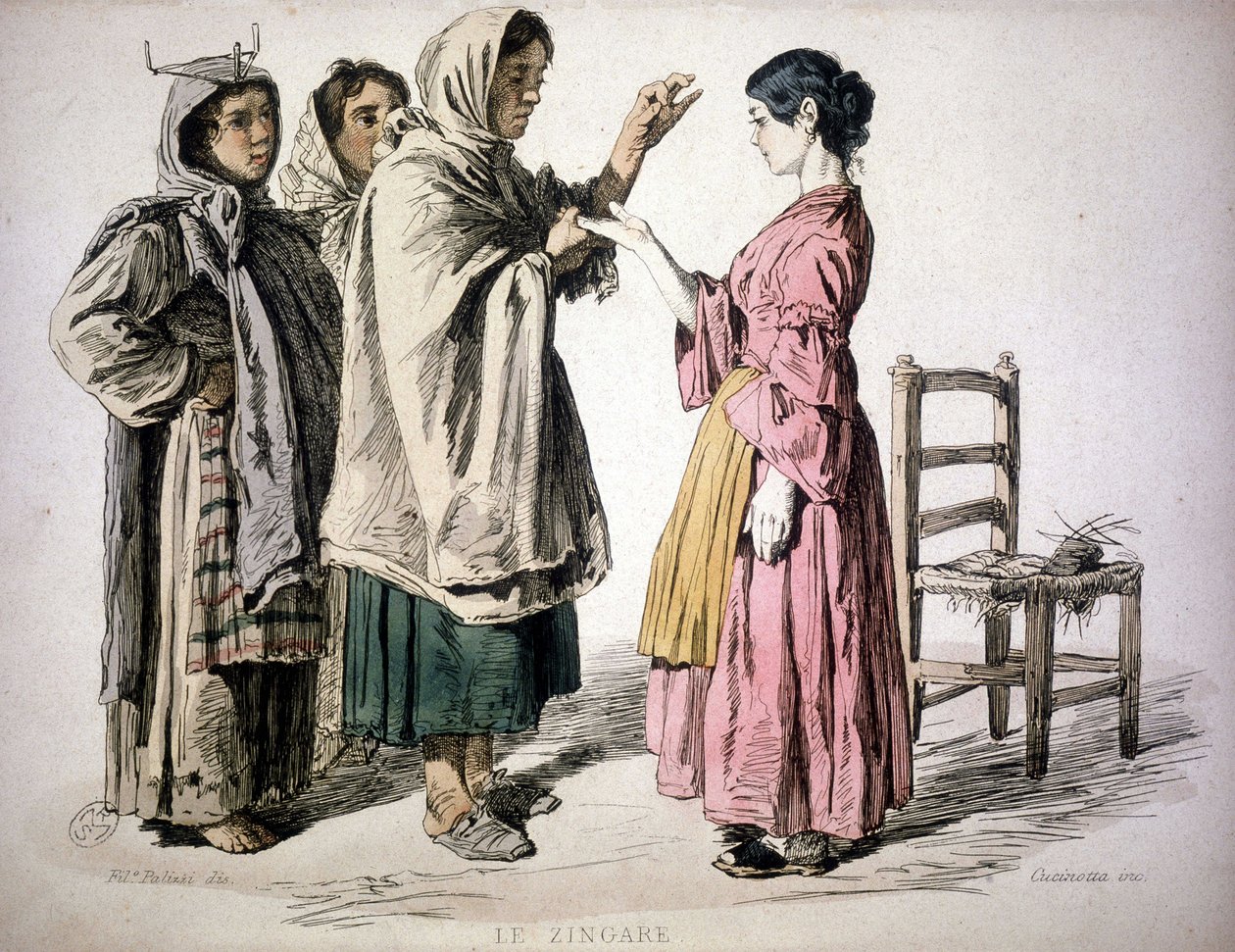قراءة الغجر باليد - في "" عادات مملكة نابولي "، دي بوركارد بواسطة فنان غير معروف