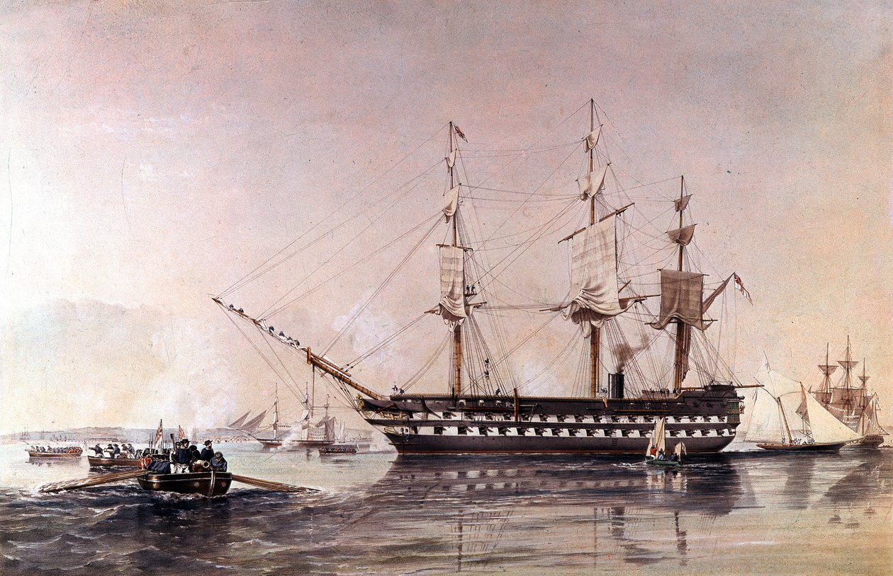 مدافع HMS Agamemnon 91 من البحرية الملكية - سفينة الخط الثاني HMS Agamemnon بنيت للبحرية الملكية في عام 1852 - بواسطة فنان غير معروف