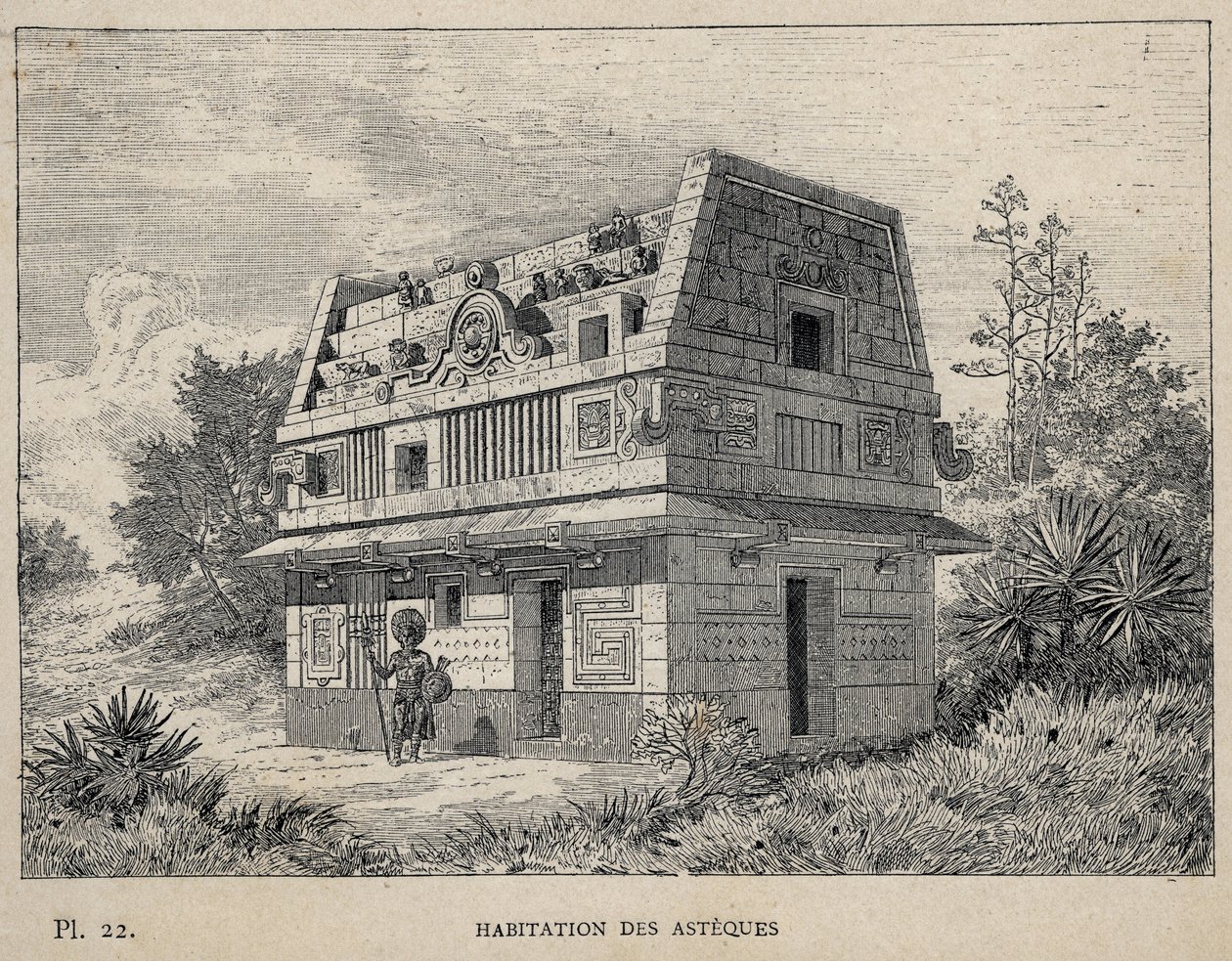 Habitation des Asteques (Azteques) (ome of the Aztecs) - نقش عام 1889 في "Histoire de habitation humaine في المعرض العالمي لعام 1889 ، بواسطة السيد Charles GARNIER - Librairie centrale des beaux-Arts باريس 1889 بواسطة فنان غير معروف
