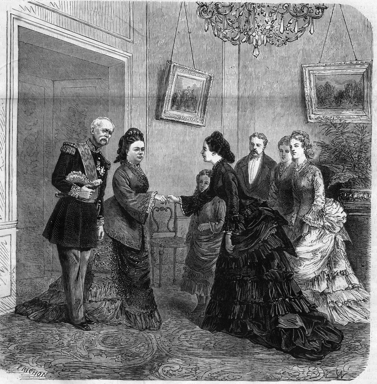 محمول باليد بين إليزابيث دي ماك ماهون (1834-1900) والإمبراطورة النمساوية إليزابيث دي فيتلسباخ (1837-1898) (سيسي) أثناء زيارة رئيس الجمهورية الفرنسية باتريس دي ماك ماهون (1808-1893) إلى النمسا. 1875. نقش في "الكون بواسطة فنان غير معروف