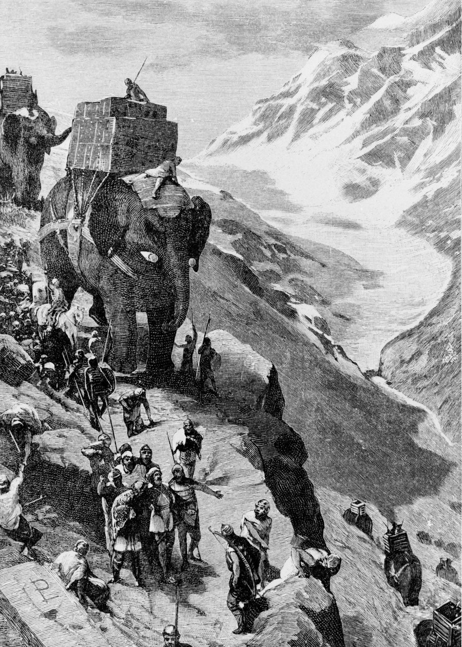 عبور حنبعل جبال الألب مع الفيلة للوصول إلى إيطاليا (الحرب البونيقية الثانية). نقش القرن التاسع عشر. بواسطة فنان غير معروف