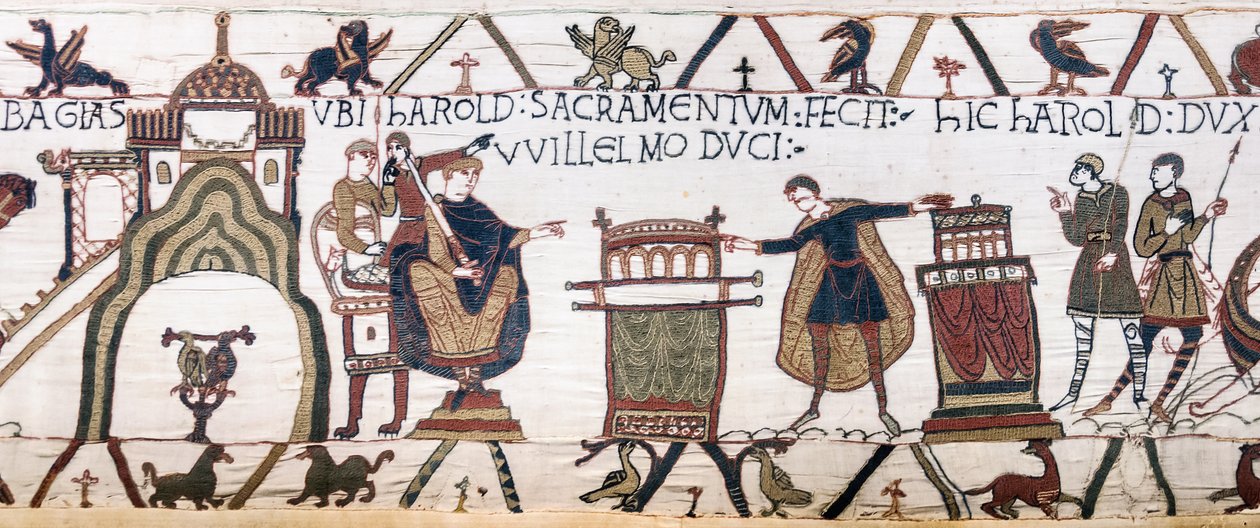 هارولد يقسم اليمين المقدس لوليام في Bayeux ، Bayeux Tapestry (تطريز صوف على الكتان) بواسطة فنان غير معروف