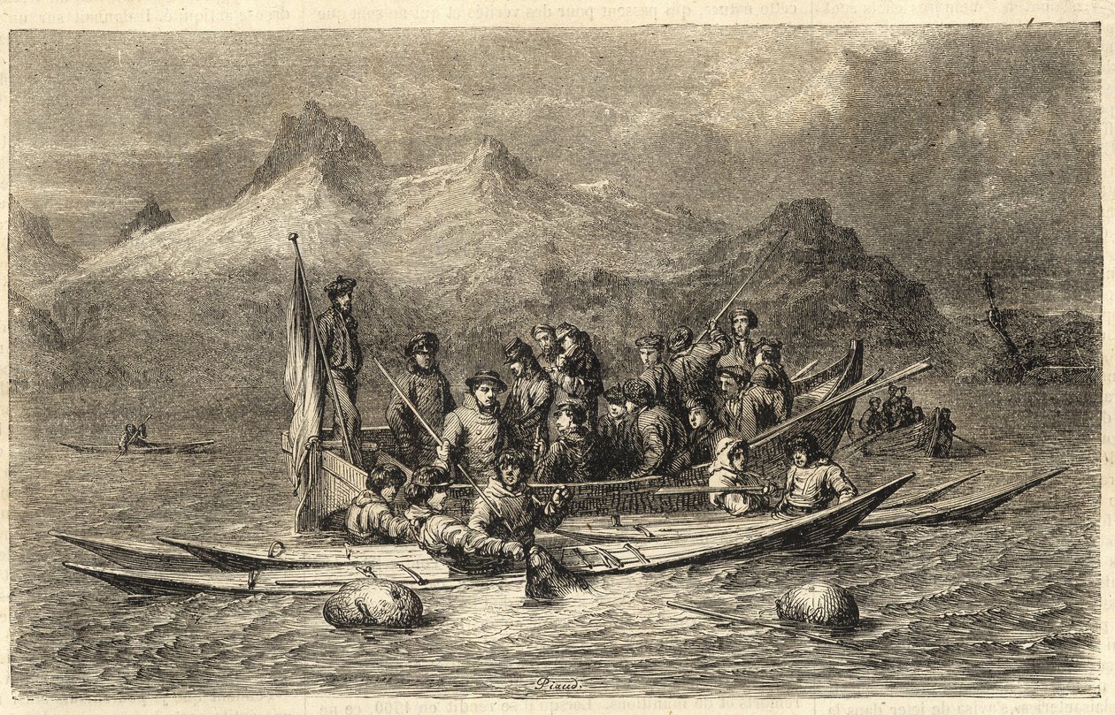 Harp Seal Hunt - صيد الفقمة في جرينلاند - نقش من "" The Illustrous Universe "" 1866 بواسطة فنان غير معروف